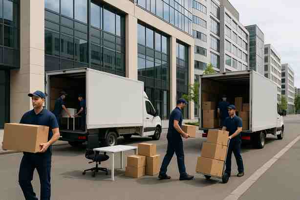 Déménageurs professionnels transférant du matériel de bureau pendant l’activité de l’entreprise à Rueil-Malmaison.